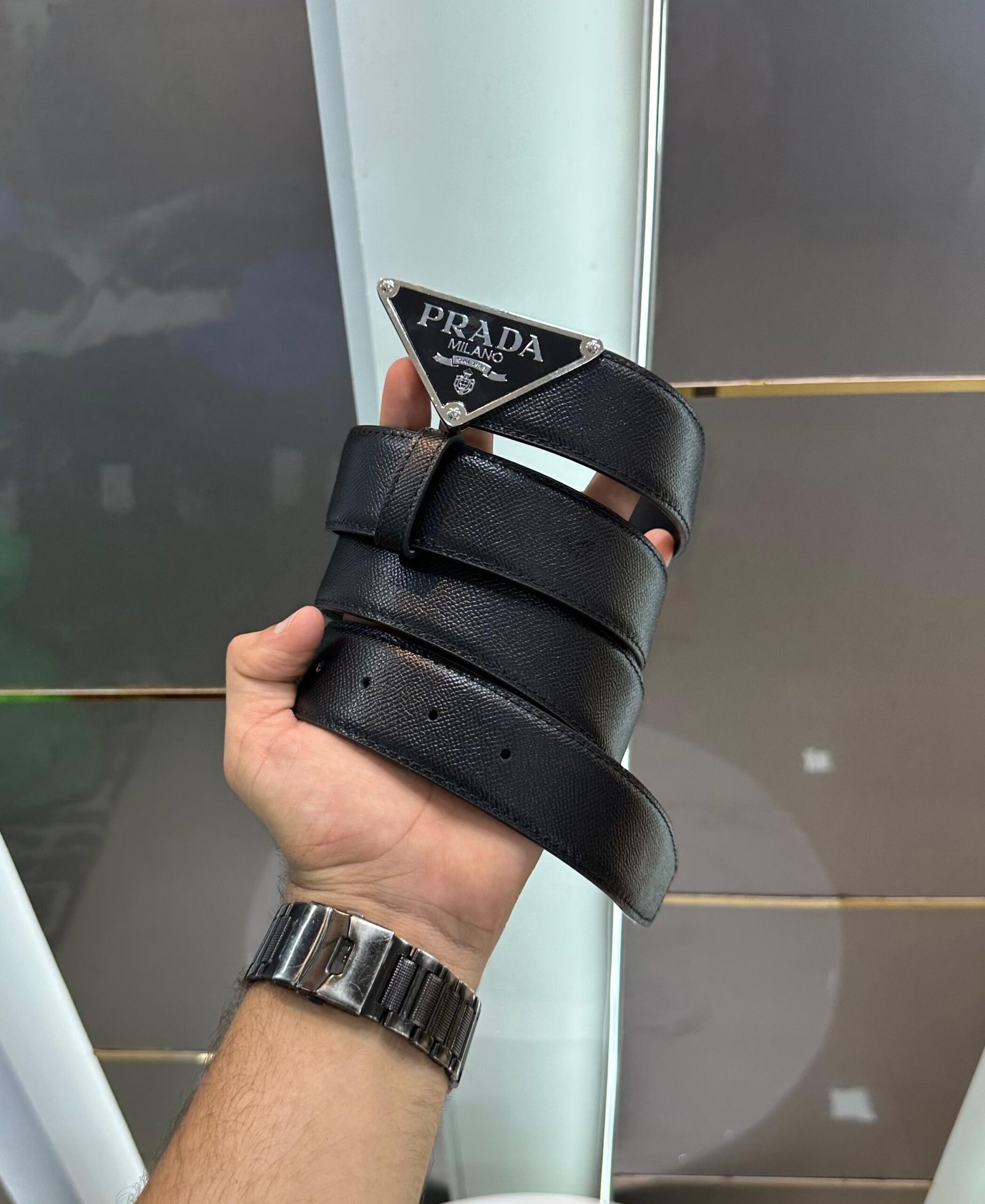 Prada Silver Black Premium First Copy Belt for Men