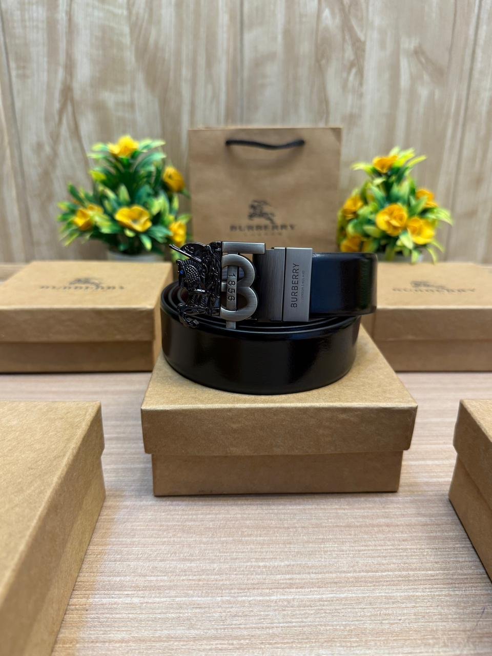 Premium Burberry Style Belt with Matte Grey Buckle